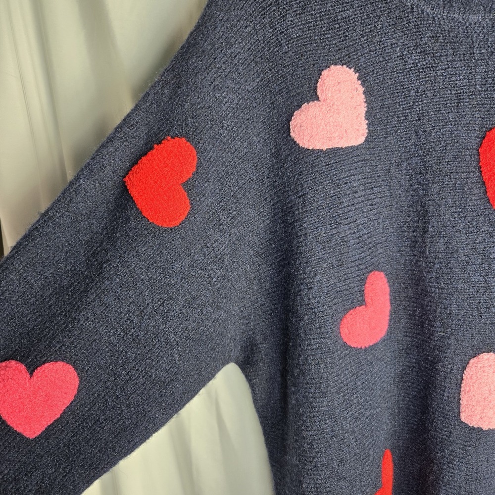 Cynthia Rowley Flocked Heart Sweater Womens 1X Navy Whimsical Novelty Soft - Picture 3 of 7